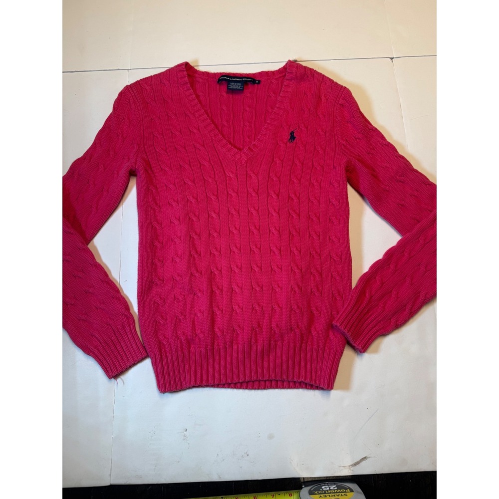 Ralph Lauren Sport Pink Cable Knit V-Neck Cotton Sweater Womens Medium